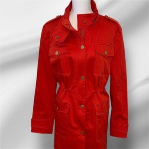 MICHAEL Michael Kors Red Trench Coat with Button Closure and Shirt Collar